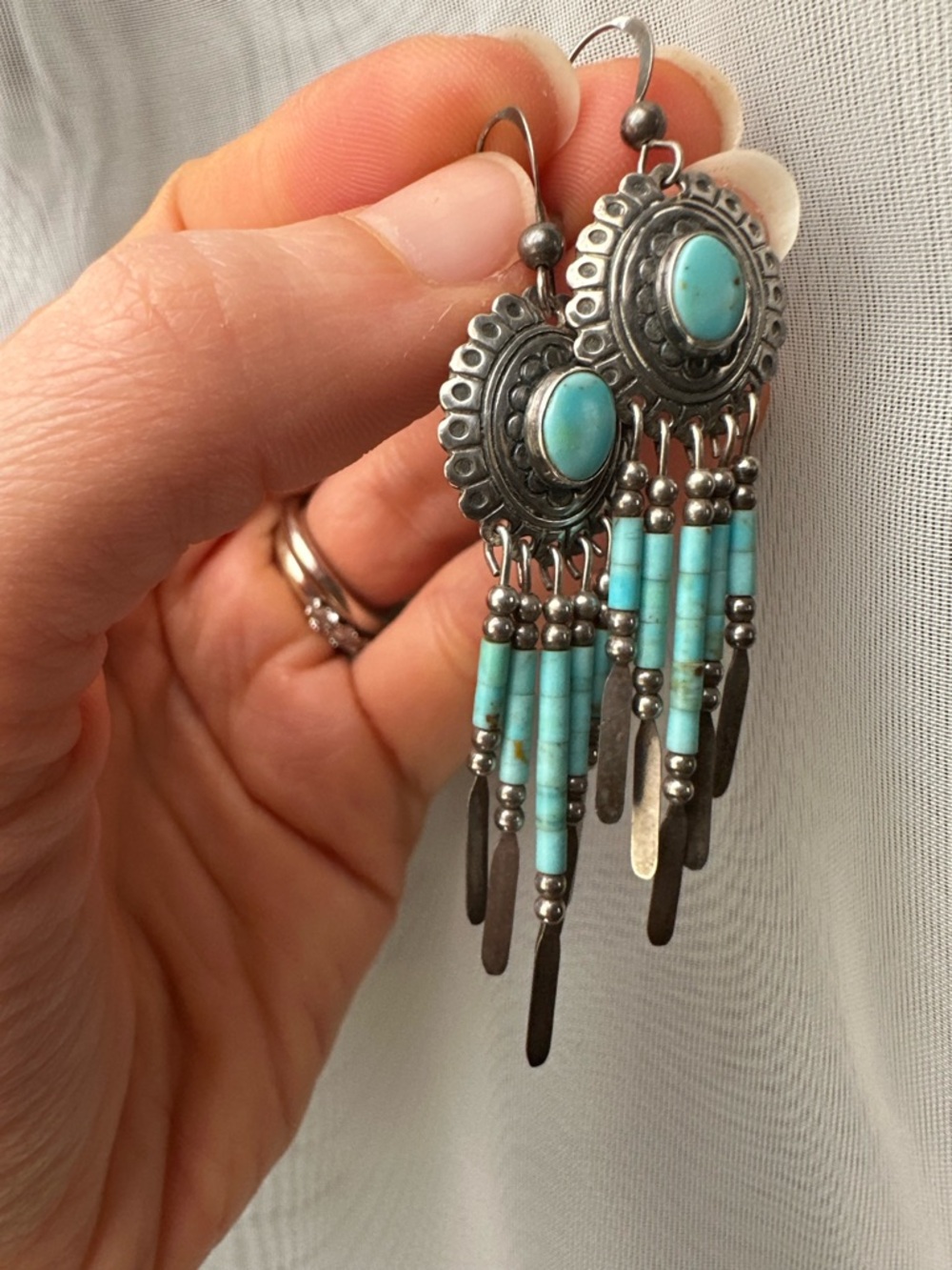 Turquoise Dangle Earrings - Artisan Sterling- Silver Beaded Fringe - Picture 3 of 5